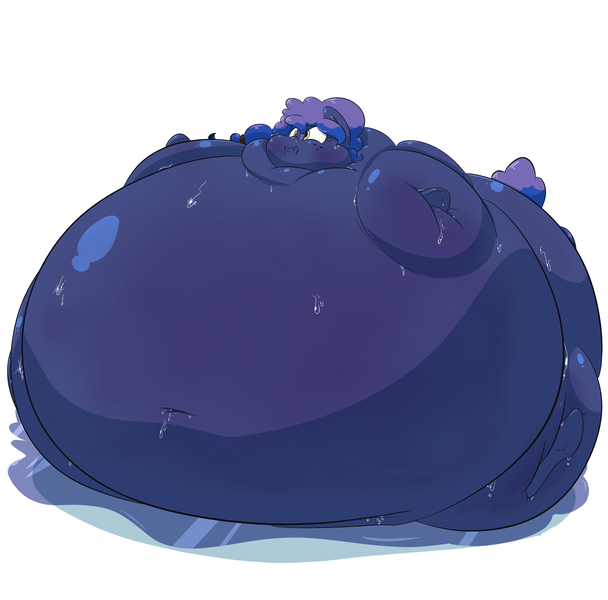 Size: 2800x2762 | Tagged: artist:anonopony, belly, big belly, bingo wings, blueberry, blueberry inflation, derpibooru import, fat, female, food, immobile, impossibly large belly, inflation, neck roll, obese, oc, oc:sweeter mocha, part of a set, puffy cheeks, questionable, simple background, solo, solo female, unofficial characters only, wavy mouth, white background