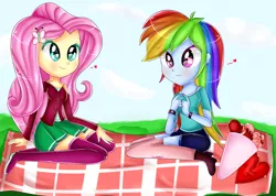 Size: 2300x1633 | Tagged: safe, artist:vixelzf, derpibooru import, fluttershy, rainbow dash, equestria girls, blushing, chocolate, female, flower, flutterdash, food, heart, lesbian, picnic blanket, shipping, valentine, valentine's day