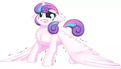 Size: 1169x668 | Tagged: safe, artist:dedonnerwolke, derpibooru import, princess flurry heart, spoiler:s06, chest fluff, cute, floppy ears, fluffy, flurrybetes, impossibly large wings, motion lines, shaking, solo
