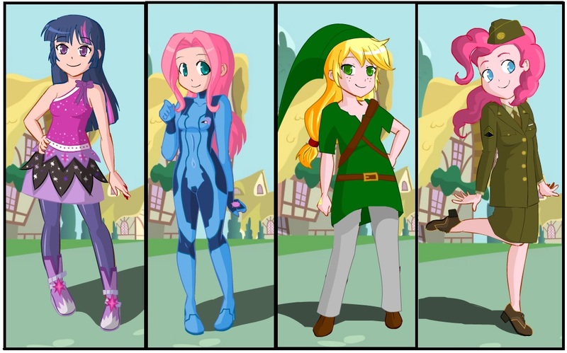 Size: 1031x643 | Tagged: applejack, applelink, clothes, cosplay, costume, derpibooru import, fluttershy, human, humanized, link, magical friends, metroid, pinkie pie, safe, samus aran, the legend of zelda, twilight sparkle, zero suit