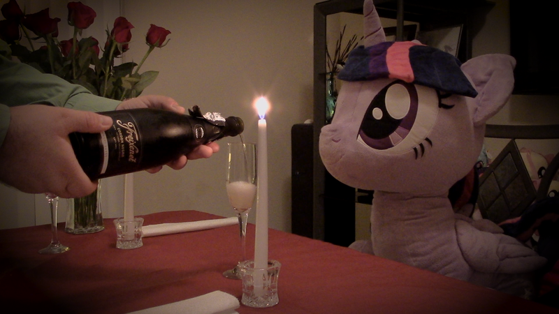 Size: 1920x1080 | Tagged: safe, artist:plushwaifus, derpibooru import, photographer:corpulentbrony, twilight sparkle, twilight sparkle (alicorn), alicorn, pony, /mlp/, 4chan, bouquet, candle, candlelight, chair, champagne, corpulent brony, cute, female, flower, forever alone, glass, hand, hearts and hooves day, irl, life size, looking up, mare, meme, photo, plushie, pouring, rose, sitting, smiling, solo focus, table, twiabetes, valentine, valentine's day, waifu, waifu dinner