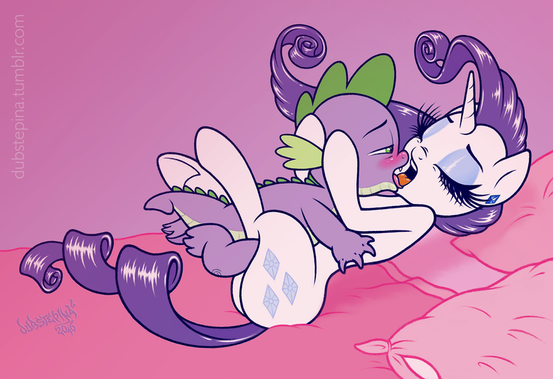 Size: 1622x1112 | Tagged: suggestive, artist:dubstepina, derpibooru import, rarity, spike, dragon, pony, unicorn, blushing, female, foalcon, french kiss, interspecies, male, shipping, sparity, straight