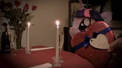 Size: 1920x1080 | Tagged: safe, artist:plushwaifus, derpibooru import, photographer:corpulentbrony, /mlp/, 4chan, anonymous, candle, candlelight, champagne, chocolate, chocolates, corpulent brony, flower, food, hearts and hooves day, irl, life size, photo, plushie, present, rose, valentine, valentine's day, waifu, waifu dinner