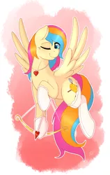 Size: 1024x1624 | Tagged: safe, artist:ratofdrawn, derpibooru import, oc, oc:golden gates, unofficial characters only, pegasus, pony, babscon, babscon mascots, clothes, cupid, lingerie, solo, stockings, valentine's day, wink