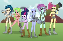 Size: 3100x2000 | Tagged: suggestive, artist:bootsyslickmane, derpibooru import, indigo zap, lemon zest, sci-twi, sour sweet, sugarcoat, sunny flare, twilight sparkle, fanfic, fanfic:the shadowbolts adventures, equestria girls, friendship games, arm band, armor, armor skirt, belly button, bikini, boots, bracer, breasts, bun, busty sour sweet, busty sunny flare, chainmail bikini, cleavage, clothes, cloud, devious, disgusted, dual wield, easter egg, fanfic art, female, freckles, garters, gun, high heels, leather, loincloth, looking at you, missing accessory, no trigger discipline, open mouth, optical sight, pigtails, pistol, ponytail, rifle, rocket launcher, scope, shadow five, shadow six, skirt, sky, smiling, smirk, sniper rifle, story in the source, swimsuit, sword, teeth, trigger discipline, unconvincing armor, volcano, weapon