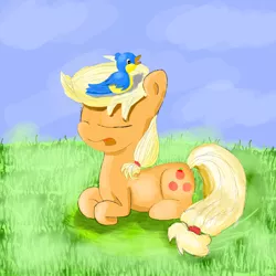 Size: 2000x2000 | Tagged: applejack, artist:twiren, bird, derpibooru import, grass, hatless, missing accessory, nest, prone, safe, sleeping