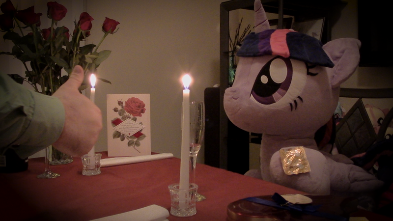 Size: 1920x1080 | Tagged: suggestive, artist:plushwaifus, derpibooru import, photographer:corpulentbrony, /mlp/, 4chan, candle, candlelight, champagne, chocolate, chocolates, condom, corpulent brony, flower, food, hearts and hooves day, irl, life size, photo, plushie, present, rose, thumbs up, valentine, valentine's day, valentine's day card, waifu, waifu dinner