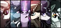 Size: 10800x5100 | Tagged: safe, artist:flamevulture17, derpibooru import, lyra heartstrings, moondancer, starlight glimmer, sunset shimmer, trixie, twilight sparkle, twilight sparkle (alicorn), alicorn, pony, unicorn, absurd resolution, counterparts, female, magical quintet, magical sextet, mare, twilight's counterparts