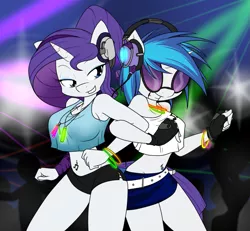 Size: 1021x942 | Tagged: suggestive, artist:sandwich-anomaly, derpibooru import, rarity, vinyl scratch, anthro, unicorn, belly button, bellyring, breasts, busty rarity, busty vinyl scratch, female, glowstick, grin, lesbian, midriff, piercing, rariscratch, rave, shipping, smiling