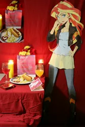 Size: 3072x4576 | Tagged: safe, artist:yuuto, derpibooru import, sunset shimmer, equestria girls, candle, clothes, cutout, food, hot dog, irl, ketchup, life size, meat, mustard, photo, poem, sauce, sausage, smiling, solo, valentine's day, waifu dinner