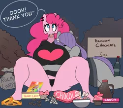 Size: 1280x1120 | Tagged: anthro, artist:somescrub, beedle, big breasts, breasts, busty pinkie pie, candy, chocolate, chubby, derpibooru import, fat, female, food, hugtastic pinkie pie, incest, lesbian, maud pie, peanut butter, piecest, pinkiemaud, pinkie pie, plantigrade anthro, reese's peanut butter cups, shipping, snuggling, suggestive, the legend of zelda, valentine's day, when you see it, wide hips