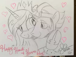 Size: 1024x768 | Tagged: artist:andypriceart, celestibra, cute, cutelestia, derpibooru import, female, good king sombra, heart, hearts and hooves day, king sombra, male, monochrome, princess celestia, safe, shipping, sombradorable, straight, sweet dreams fuel, traditional art