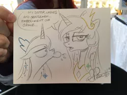 Size: 1024x768 | Tagged: safe, artist:andypriceart, derpibooru import, princess celestia, princess luna, pony, :p, celestia is not amused, female, floppy ears, glare, majestic as fuck, mare, open mouth, raspberry, sisters, tongue out, traditional art, unamused, wide eyes