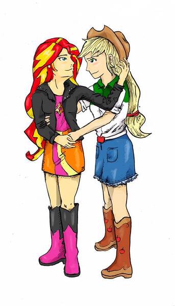 Size: 548x960 | Tagged: safe, artist:sufit, derpibooru import, applejack, sunset shimmer, equestria girls, appleshimmer, female, humanized, lesbian, shipping