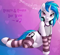 Size: 1110x1003 | Tagged: artist:brianblackberry, bedroom eyes, bottomless, clothes, derpibooru import, female, headphones, hearts and hooves day, looking at you, partial nudity, socks, solo, solo female, striped socks, suggestive, thigh highs, valentine's day, vinyl scratch