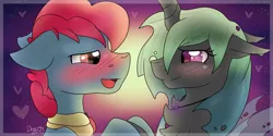 Size: 1024x512 | Tagged: safe, artist:littledreamycat, derpibooru import, apple split, oc, changeling, apple family member, blushing, canon x oc, cute, fanfic in the description, hearts and hooves day, romance, shipping, story included