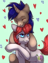 Size: 1069x1390 | Tagged: safe, artist:dragonataxia, artist:kellwolfik, derpibooru import, oc, unofficial characters only, abstract background, eyes closed, floppy ears, gay, heart, hug, looking up, male, smiling, stallion, valentine's day