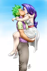 Size: 700x1055 | Tagged: suggestive, artist:pia-sama, derpibooru import, rarity, spike, human, accessories, armlet, bracelet, breasts, clothes, dress, embrace, eyes closed, eyeshadow, female, french kiss, gradient background, grope, hand on butt, high heels, hug, humanized, jewelry, kissing, leg lock, lifting, makeup, male, older, older spike, shipping, side slit, sideboob, sparity, straight
