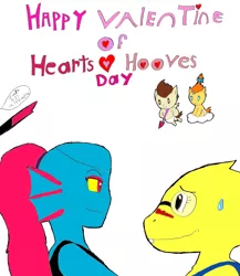 Size: 2515x2895 | Tagged: alphys, artist:pokeneo1234, crossover, derpibooru import, female, hearts and hooves day, lesbian, mettaton, mettaton ex, obligatory pony, pound cake, pumpkin cake, safe, undertale, undyne, valentine's day