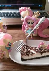 Size: 1439x2097 | Tagged: safe, derpibooru import, fluttershy, equestria girls, cake, cheesecake, clothes, doll, equestria girls minis, eqventures of the minis, figure, food, fork, funko, hearts and hooves day, irl, multeity, photo, skirt, so much flutter, tanktop, toy, valentine's day, waifu, waifu date, waifu dinner