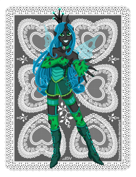 Size: 769x1000 | Tagged: artist:texasuberalles, changeling, derpibooru import, goth, gothic lolita, grin, horned humanization, human, humanized, looking at you, queen chrysalis, safe, solo, winged humanization