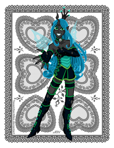 Size: 769x1000 | Tagged: artist:texasuberalles, changeling, derpibooru import, goth, gothic lolita, grin, horned humanization, human, humanized, looking at you, queen chrysalis, safe, solo, winged humanization