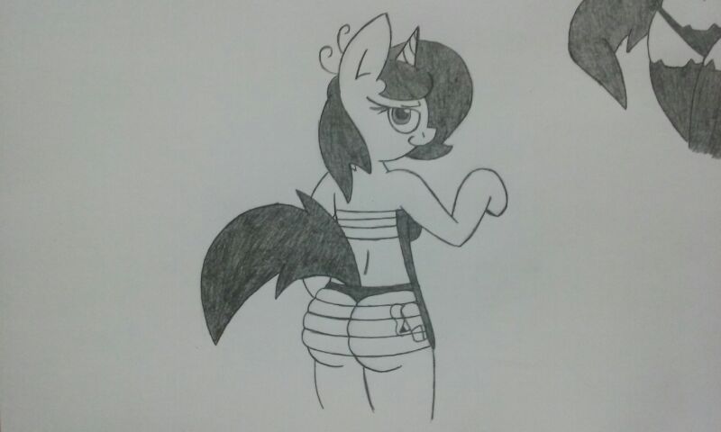 Size: 800x480 | Tagged: anthro, anthro oc, arm hooves, artist:chromchill12, ass, backless, clothes, derpibooru import, dress, female, monochrome, oc, oc:chromie, solo, solo female, suggestive, traditional art, unofficial characters only