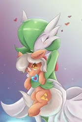Size: 1024x1536 | Tagged: safe, artist:ardail, derpibooru import, ponified, earth pony, gardevoir, pony, blushing, colored pupils, crossover, cute, epona, eponadorable, eyes closed, female, floppy ears, fluffy, heart, heart container, holding a pony, hug, lidded eyes, looking at you, mare, mouth hold, nintendo, nom, phone wallpaper, piece of heart, pokémon, smiling, the legend of zelda, unshorn fetlocks