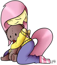 Size: 2393x2713 | Tagged: anthro, artist:befishproductions, clothes, cute, derpibooru import, digital art, eyes closed, floppy ears, fluttershy, hug, jeans, kneeling, off shoulder, off shoulder sweater, pants, pink hair, pink mane, pink tail, plushie, safe, signature, simple background, socks, striped socks, sweater, sweatershy, teddy bear, transparent background, yellow coat, yellow sweater