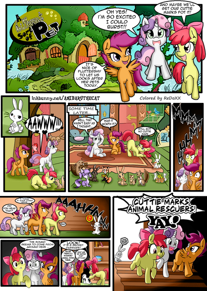 Size: 1240x1748 | Tagged: angel bunny, animal, apple bloom, artist:anibaruthecat, artist:redoxx, colored, color edit, comic, comic:a different sort of pet, cutie mark crusaders, derpibooru import, dialogue, edit, engrish, explicit source, filly, fluttershy's cottage, scootaloo, suggestive, sweetie belle, this will end in death, this will end in tears, this will end in tears and/or death, this will end in tears and/or death and/or covered in tree sap