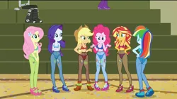 Size: 1920x1080 | Tagged: suggestive, derpibooru import, edit, edited screencap, screencap, applejack, fluttershy, pinkie pie, rainbow dash, rarity, sunset shimmer, equestria girls, friendship games, alternative cutie mark placement, bra, breasts, clothes, female, high heels, implied big macintosh, implied bulk biceps, implied flash sentry, implied flim flam brothers, implied incest, implied sex, implied shipping, implied trenderhoof, inner thigh cutie mark, lingerie, lingerie edit, male, panties, pantyhose, socks, straight, underwear, underwear edit, virginity cutie mark