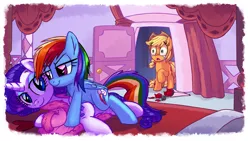 Size: 1388x784 | Tagged: dead source, suggestive, artist:lightof-dawn, derpibooru import, applejack, rainbow dash, rarity, bathrobe, bed, clothes, crying, cuckquean, female, flower, heart, heartbreak, implied cheating, implied rarijack, lesbian, raridash, rarijack, rarity's bedroom, robe, shipping, style emulation