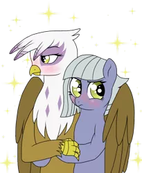 Size: 640x779 | Tagged: safe, artist:unoriginai, derpibooru import, gilda, limestone pie, gryphon, pony, bipedal, blushing, crack shipping, embrace, female, gildastone, gildere, hug, interspecies, lesbian, limetsun pie, shipping, simple background, transparent background, tsundere, winghug