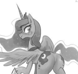 Size: 605x580 | Tagged: suggestive, artist:ehfa, derpibooru import, princess luna, alicorn, pony, blushing, embarrassed, featureless crotch, female, grayscale, looking at you, looking back, monochrome, moonbutt, plot, raised hoof, simple background, solo, solo female, sweatdrop, white background