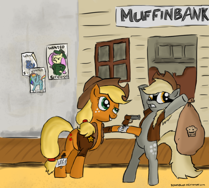 Size: 1000x900 | Tagged: safe, artist:beaverblast, derpibooru import, applejack, derpy hooves, fluttershy, rainbow dash, pegasus, pony, badge, female, food, gun, knife, mare, muffin, old west, robbery, sack, sheriff, sheriffjack, wanted poster, weapon, western