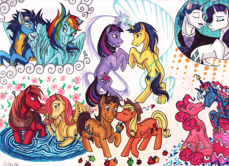 Size: 3506x2550 | Tagged: safe, artist:whitefangkakashi300, derpibooru import, applejack, big macintosh, caramel, comet tail, fancypants, fluttershy, pinkie pie, pokey pierce, rainbow dash, rarity, soarin', twilight sparkle, earth pony, pony, cake, carajack, cometlight, fluttermac, food, kiss on the cheek, kissing, licking, male, pokeypie, raripants, shipping, soarindash, stallion, straight, tongue out