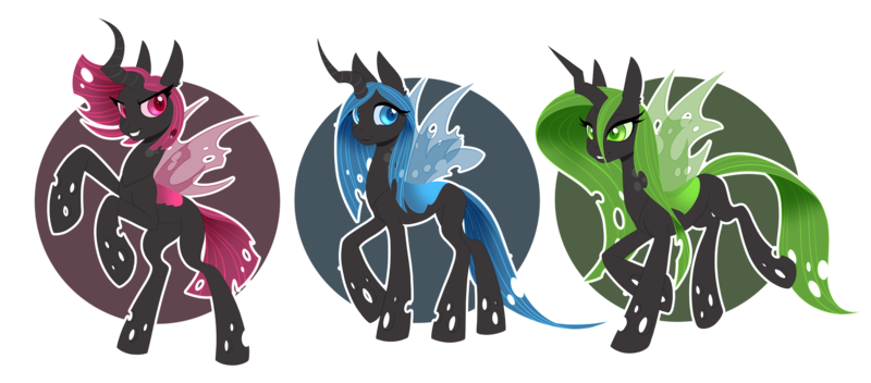Size: 2158x950 | Tagged: artist:peridotkitty, blue changeling, changeling, changeling queen, changeling queen oc, commission, derpibooru import, female, green changeling, oc, pink changeling, rearing, safe, simple background, transparent background, unofficial characters only