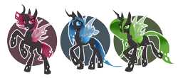 Size: 2158x950 | Tagged: artist:peridotkitty, blue changeling, changeling, changeling queen, changeling queen oc, commission, derpibooru import, female, green changeling, oc, pink changeling, rearing, safe, simple background, transparent background, unofficial characters only