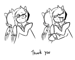 Size: 646x513 | Tagged: safe, artist:redxbacon, derpibooru import, oc, oc:note clip, unofficial characters only, earth pony, pegasus, pony, black and white, comic, crying, grayscale, hug, monochrome, sad