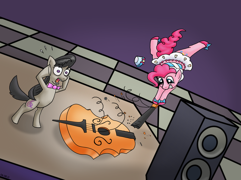 Size: 1600x1200 | Tagged: artist:slagmalsklubben, broken, cello, clothes, derpibooru import, dress, gala dress, musical instrument, now you fucked up, octavia melody, pinkie pie, safe, the best night ever, this will end in pain