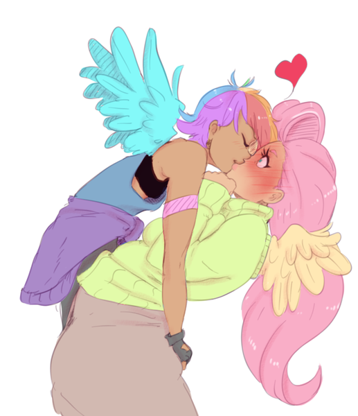 Size: 647x751 | Tagged: safe, artist:sundown, derpibooru import, fluttershy, rainbow dash, human, blushing, butt grab, clothes, female, flower, flutterdash, grope, hand on butt, heart, hug, humanized, kissing, lesbian, shipping, sweater, sweatershy, winged humanization