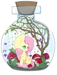 Size: 2199x2895 | Tagged: artist:teranen, bottle, breezie, breeziefied, dead source, derpibooru import, fluttershy, mushroom, no pupils, pony in a bottle, safe, simple background, species swap, terrarium, toadstool, transparent background, tree, twilight breezie, twilight sparkle