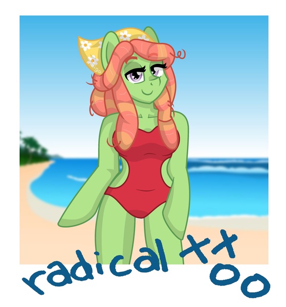 Size: 3354x3599 | Tagged: anthro, arm hooves, artist:partylikeanartist, bandana, beach, breasts, busty tree hugger, clothes, derpibooru import, dreadlocks, female, hippie, looking at you, make new friends but keep discord, one-piece swimsuit, photo, polaroid, safe, smiling, solo, swimsuit, tree hugger, xoxo