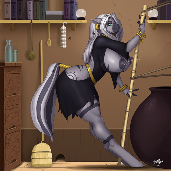 Size: 900x900 | Tagged: questionable, alternate version, artist:kevinsano, derpibooru import, zecora, anthro, unguligrade anthro, zebra, big breasts, breast milk, breasts, broom, busty zecora, cauldron, clothes, dress, female, lactation, looking at you, milk squirt, nipples, nudity, solo, solo female