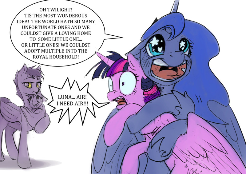 Size: 1280x905 | Tagged: safe, artist:silfoe, derpibooru import, princess luna, twilight sparkle, twilight sparkle (alicorn), oc, oc:evening melody, alicorn, bat pony, pony, royal sketchbook, dialogue, female, hug, lesbian, mare, open mouth, royal guard, shipping, speech bubble, starry eyes, twiluna, wide eyes