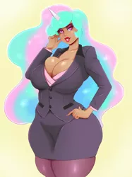 Size: 1100x1474 | Tagged: artist:sundown, breasts, businessmare, business suit, busty princess celestia, cleavage, clothes, curvy, derpibooru import, dress suit, female, horned humanization, human, humanized, jacket, lipstick, looking at you, miniskirt, office, pantyhose, princess celestia, skirt, solo, solo female, suggestive, thunder thighs, wide hips