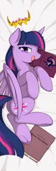 Size: 2952x8858 | Tagged: safe, artist:theparagon, derpibooru import, twilight sparkle, twilight sparkle (alicorn), alicorn, pony, absurd resolution, bedroom eyes, body pillow, body pillow design, book, crown, female, know your meme, licking, licking lips, looking at you, mare, meme, open mouth, side, smiling, solo, tentacles, tongue out, underhoof