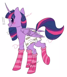 Size: 836x957 | Tagged: safe, artist:dracini, derpibooru import, twilight sparkle, twilight sparkle (alicorn), alicorn, pony, blushing, boxers, clothes, embarrassed, female, mare, simple background, socks, solo, striped socks, underwear, watermark, white underwear