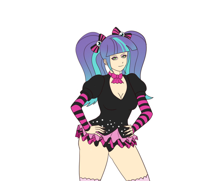 Size: 1280x1096 | Tagged: suggestive, artist:annon, derpibooru import, part of a set, pixel pizazz, equestria girls, bimboification, breast expansion, breasts, cleavage, explicit source, eyeliner, female, growth, image, jpeg, makeup, solo, solo female, transforming clothes
