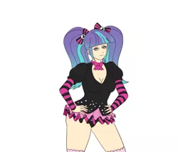 Size: 1280x1096 | Tagged: suggestive, artist:annon, derpibooru import, part of a set, pixel pizazz, equestria girls, bimboification, breast expansion, breasts, cleavage, explicit source, eyeliner, female, growth, image, jpeg, makeup, solo, solo female, transforming clothes
